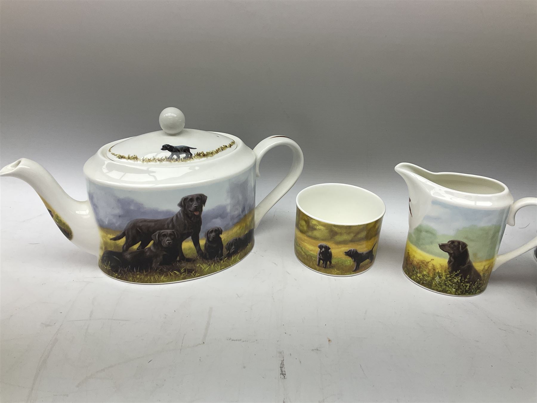 Danbury Mint Black Labradors by John Silver teaset for six, comprising teapot, open sucrier, milk jug, and six mugs, in one box