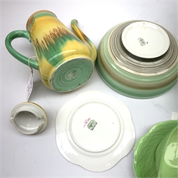 A small group of Shelley, including a Harmony drip ware coffee pot, and a spun glazed bowl, together with a small Gray's pottery teapot, milk jug and open sucrier, a Burleigh Ware Piper character jug, and a 1930's Burleigh ware fruit bowl and matching set of six smaller bowls, plus a selection of Carlton ware, etc.    