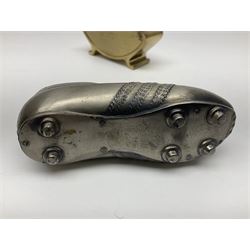 Ronson gilt metal table lighter, together with a silver-plate table lighter in the form of a football boot