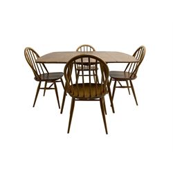 Ercol - elm and beech 'drop-leaf dining table' (W113cm, D126cm, H72cm); and set four ercol 'Windsor' elm and beech dining chairs 