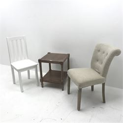 Limed oak occasional table, baluster supports joined by solid undertier (W45cm, H56cm, D45cm) a dining chair with scrolling cresting rail upholstered in buttoned fabric, square tapering supports (W48cm) and another chair (3)