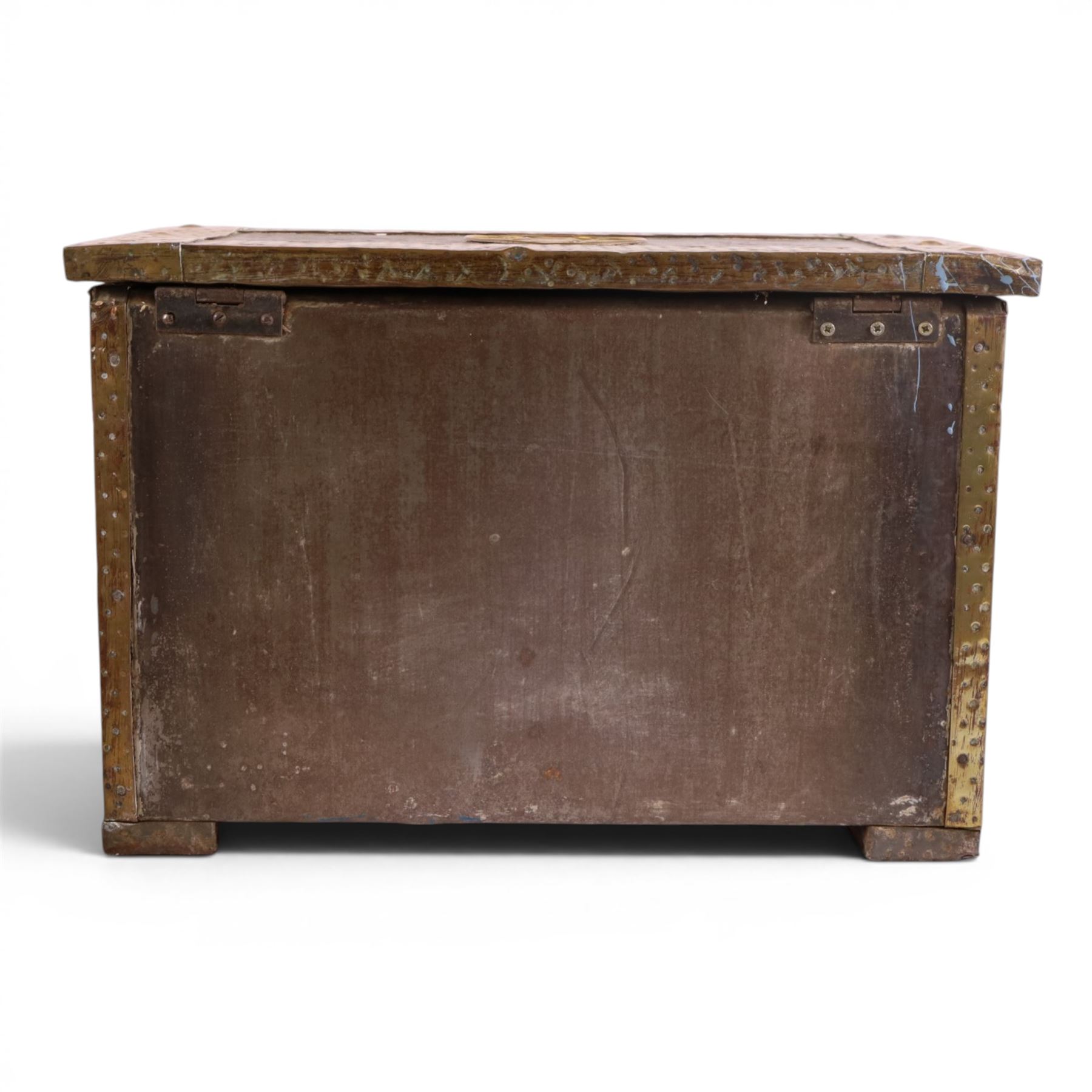 Arts and Crafts brass bound coal box, with sailing ship decoration to the front and lid, together with a similar slope fall front coal box, largest H36cm, 54cm
