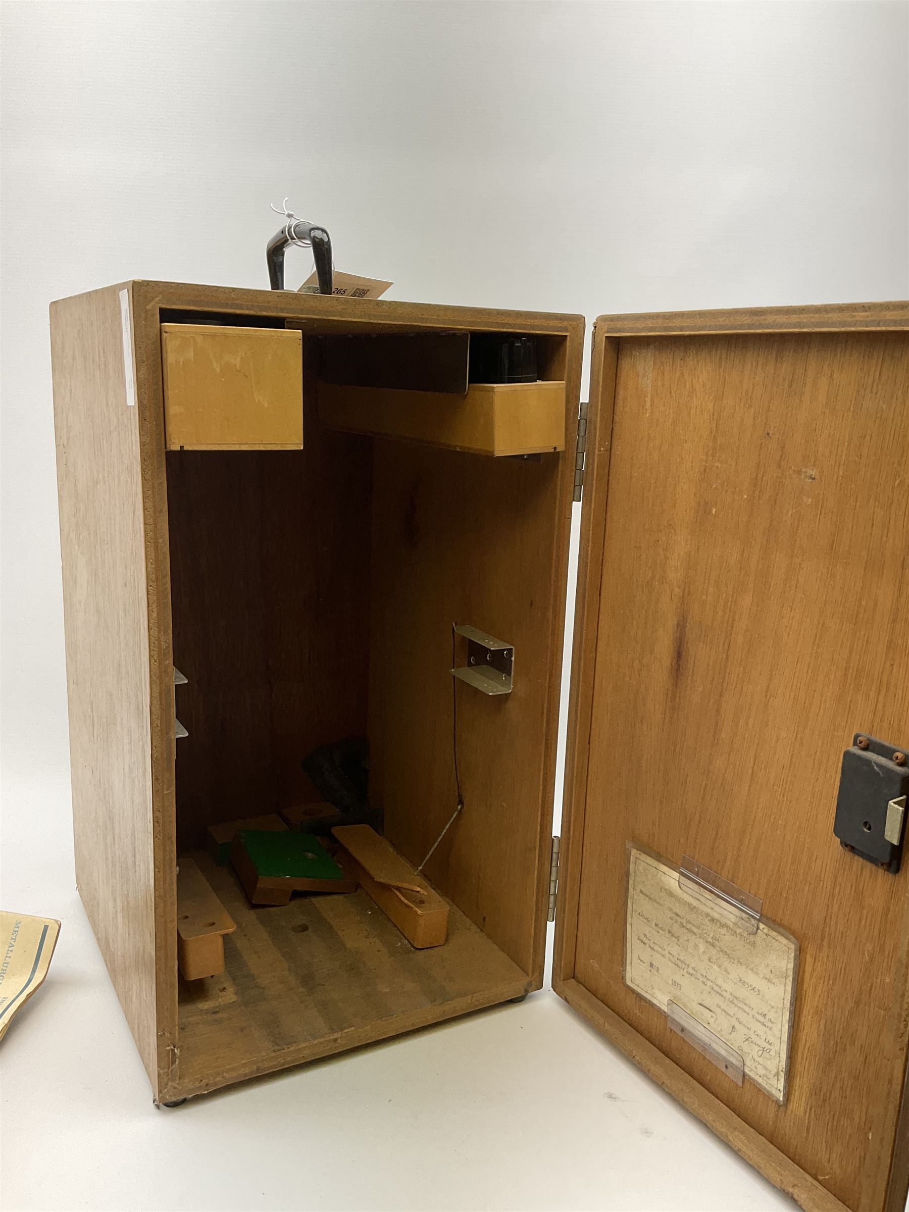 Olympus binocular microscope, numbered '222161', H37cm, in wooden case, untested