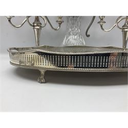 Glass claret jug, with silver plated top, together with other silver plate, to include pair of candelabras and tray with claw feet, jug H30