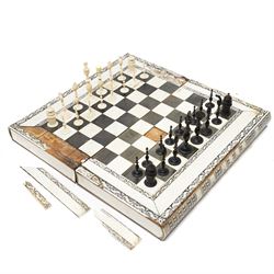 Mid-19th-century Anglo Indian Vizagapatam ivory, sandlewood, and horn veneered backgammon/...