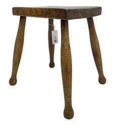 19th century stool, rectangular sycamore top on four swell-turned elm supports 