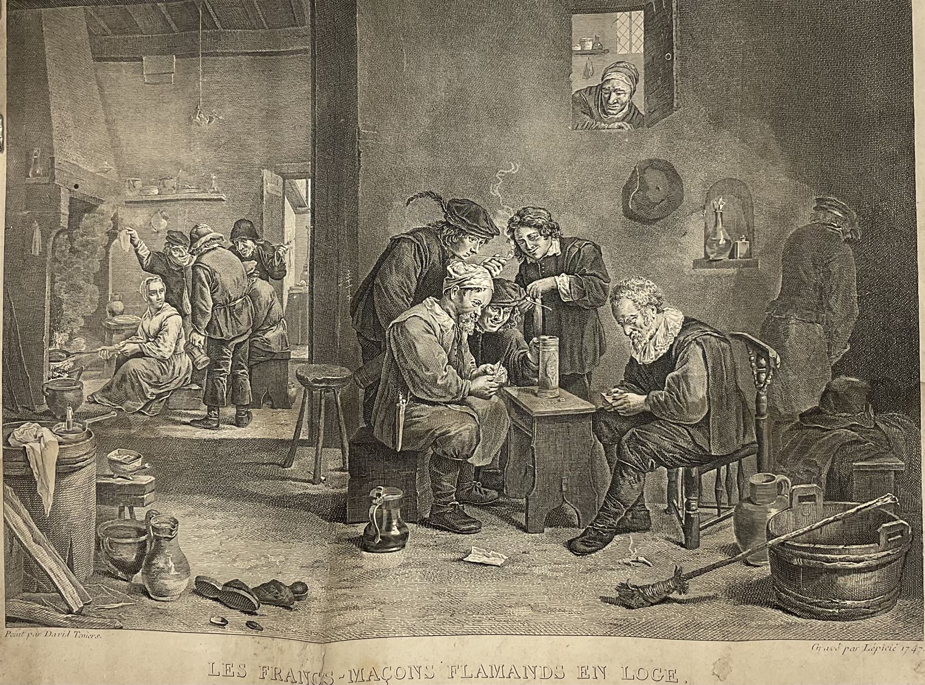 Lépicié after David Teniers the Younger (Flemish 1610-1690): 'Les Francs Maçons Flamands en Loge' engraving pub 1747, 43cm x 53cm; 'Hampshire' and 'Sussex', two William Hole (British -1624) reproduction maps 52cm x 41cm (unframed) (3)