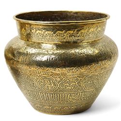  Islamic brass jardiniere  with all over engraving of figures, animals etc D31cm and a slightly smaller matching jardiliere D27cm 