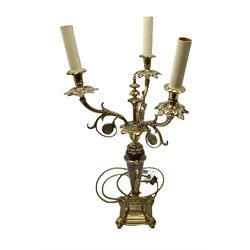 Gilt metal three branch baluster stem table candelabra table lamp with foliage detail, H51.5cm