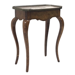  Early 19th century French kingwood and yew side table, brass galleried top inlaid with a star and hatched border shaped apron with frieze drawer on angular cabriole legs, W58cm, D34cm, H75cm  