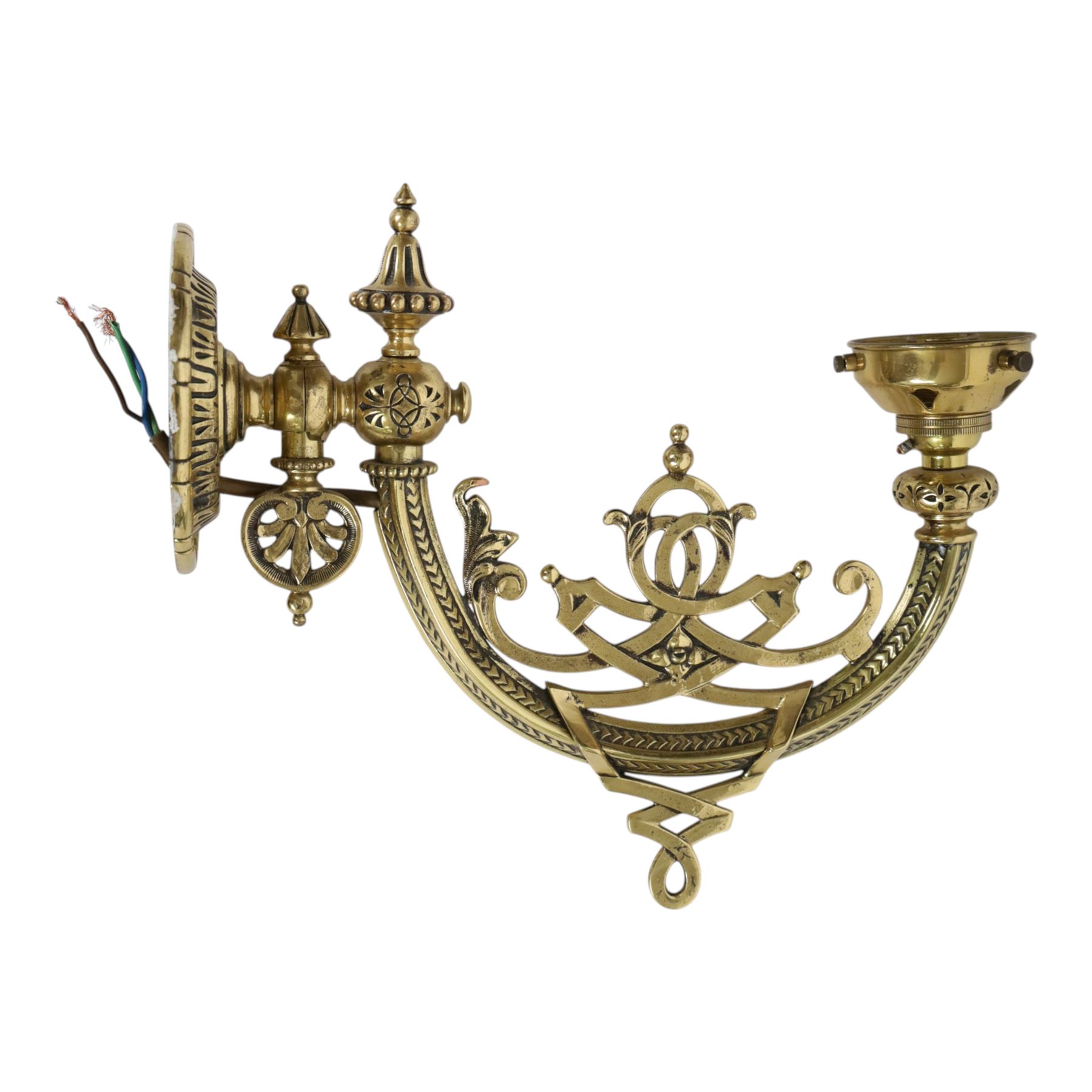 Pair of 19th century brass wall sconces, the articulated curved arms leading to single socket fitting detailed with entwined strapwork, Victorian diamond mark H24cm D28cm