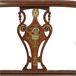Edwardian marquetry inlaid mahogany salon settee, with bowed top rail and pierced splat back featuring central classical urn flanked by oval floral medallions, floral upholstered seat on boxwood strung square tapering legs terminating in spade feet