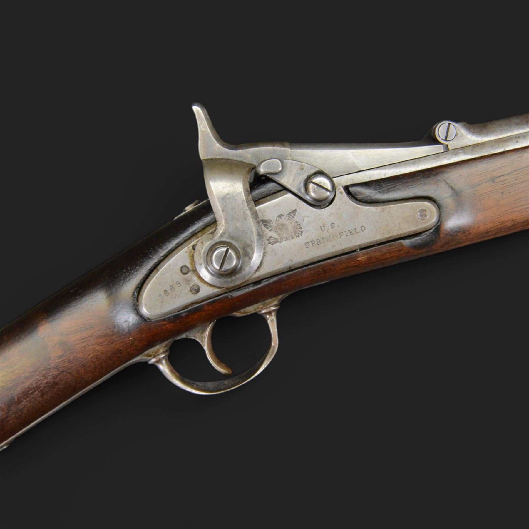 US Civil War Springfield percussion cavalry carbine, circa 1863, 50-70 Cal, the lock marked 1863 with eagle and 