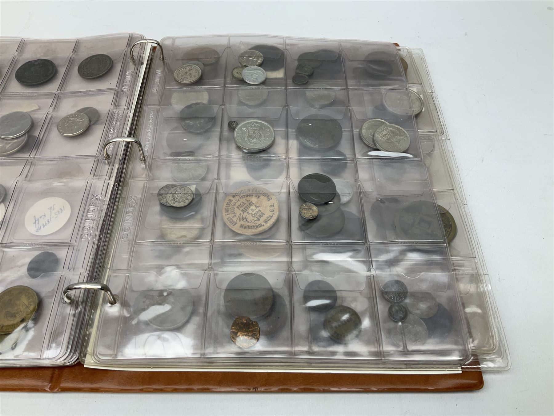 World coins and related items, including Maria Theresa restrike thaler, German silver five deutschmark coins, Sudan 20 piastres, Netherlands 1848 1/2 guilder, United States of America 1964 half dollar etc, small number of fantasy/replica coins etc, housed in a ring binder album 