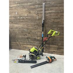 GardenGear electric tiller, MacAllister hedge trimmer, Titan electric chainsaw, and a hedge trimmer