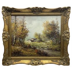 Karl Schmidbauer (Austrian 1921-1998): Lake Landscape, oil on canvas signed 50cm x 60cm; Continental School (20th century): Rural Landscape with Cottage, oil on canvas indistinctly signed 49cm x 60cm (2)