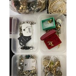 Collection of costume jewellery, including earrings, beaded necklaces, bracelets, wristwatches and boxes 