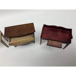 Collection of miniature dolls house furniture and accessories, to include long case clock, chest of drawers, tiled wash stand, ceramics and glass ware, mirror, baskets, etc 