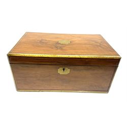 19th century mahogany writing slope with brass inlay, including two glass inkwells with brass lids, H15.5cm. 