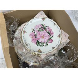 Nine Royal Albert 'the Queen Mother's Favorite Flowers' collectors plates, with certificates, together with eight Royal Doulton 'Victorian Childhood' collectors plates, three glass decanters, set of four champagne flutes and four matching brady glasses etc, three boxes 