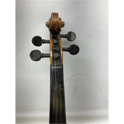 Czechoslovakian violin c1920 with 36cm two-piece maple back and ribs and spruce top, bears label 'Copy of Antonius Stradivarius Made in Czechoslovakia' L59cm; in carrying case; 1950s Czechoslovakian violin; and 195os Czechoslovakian three-quarter size violin; both cased (3)