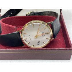 Rotary 9ct gold gentleman's quartz presentation wristwatch, on black leather strap, boxed, silver town charm bracelet, 9ct gold cross pendant necklace, silver marcasite necklace, clip on earrings and ring and other costume jewellery