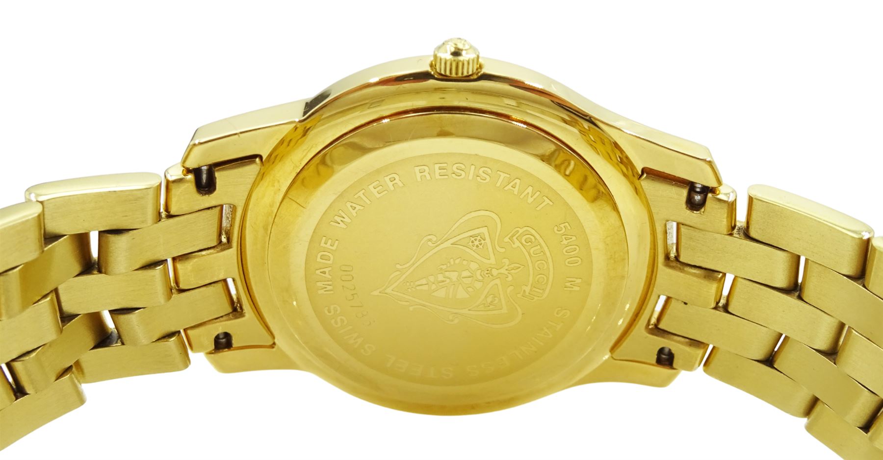 Gucci gentleman's gold-plated and stainless steel wristwatch, model No. 5400M, serial No. 0025786, boxed