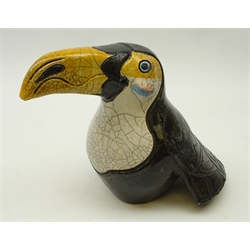  Jennie Hale (British Contemporary) raku fired model of a Toucan, signed to base, H33cm  