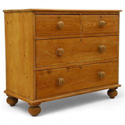 Victorian stripped pine chest, rectangular top over two short and two long drawers with turned wooden knob handles, on bun feet