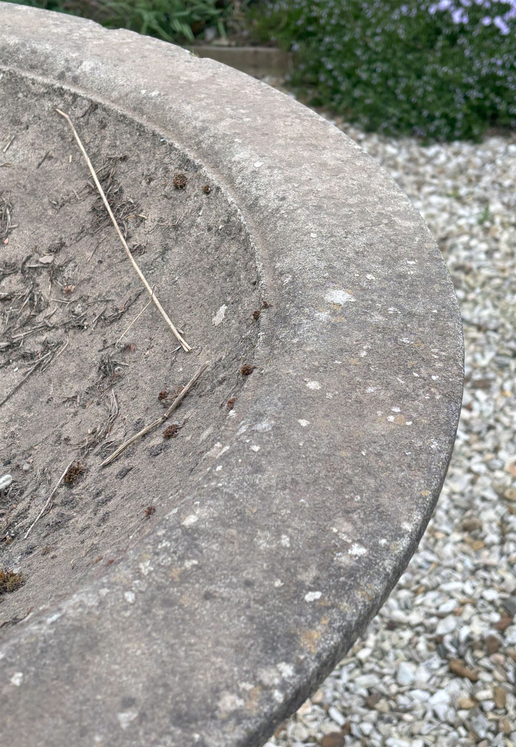 Reconstituted stone shallow urn / bowl planter, raised on a scrolled and fluted base. H43cm, D87cm. - COLLECTION BY APPOINTMENT FROM: The White House, Thirsk Road, Easingwold, York, YO61 3NF - CALL 01723 507111 TO ARRANGE