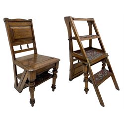19th century oak metamorphic library steps and chair, panelled back with turned spindles over plank seat with turned front supports, the hinged seat folding forward, the steps inset with carpet treads  