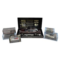 Minichamps 1:18th scale die-cast model of H.M. The Queen Bentley State Limousine in maroon with clear/black roof and grey interior, in display box with inner packaging and slip case, TSM Model 1962 Rolls-Royce Phantom V Sedanca de Ville and four other die-cast models by Oxford etc in display boxes (6)