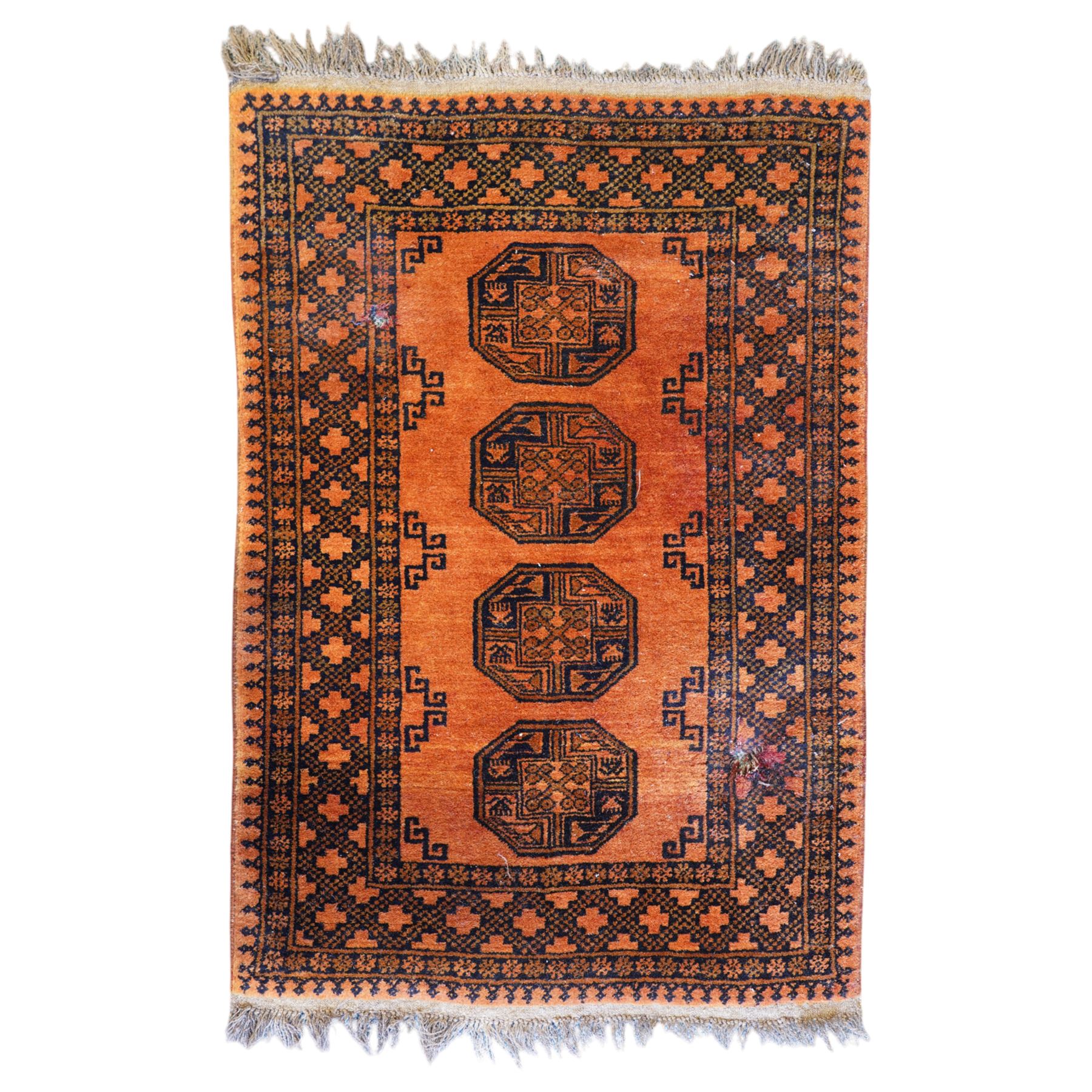 Persian Beluchi indigo ground prayer rug, overall geometric design (147cm x 85cm); together with a Bokhara rust ground rug (146cm x 101cm)