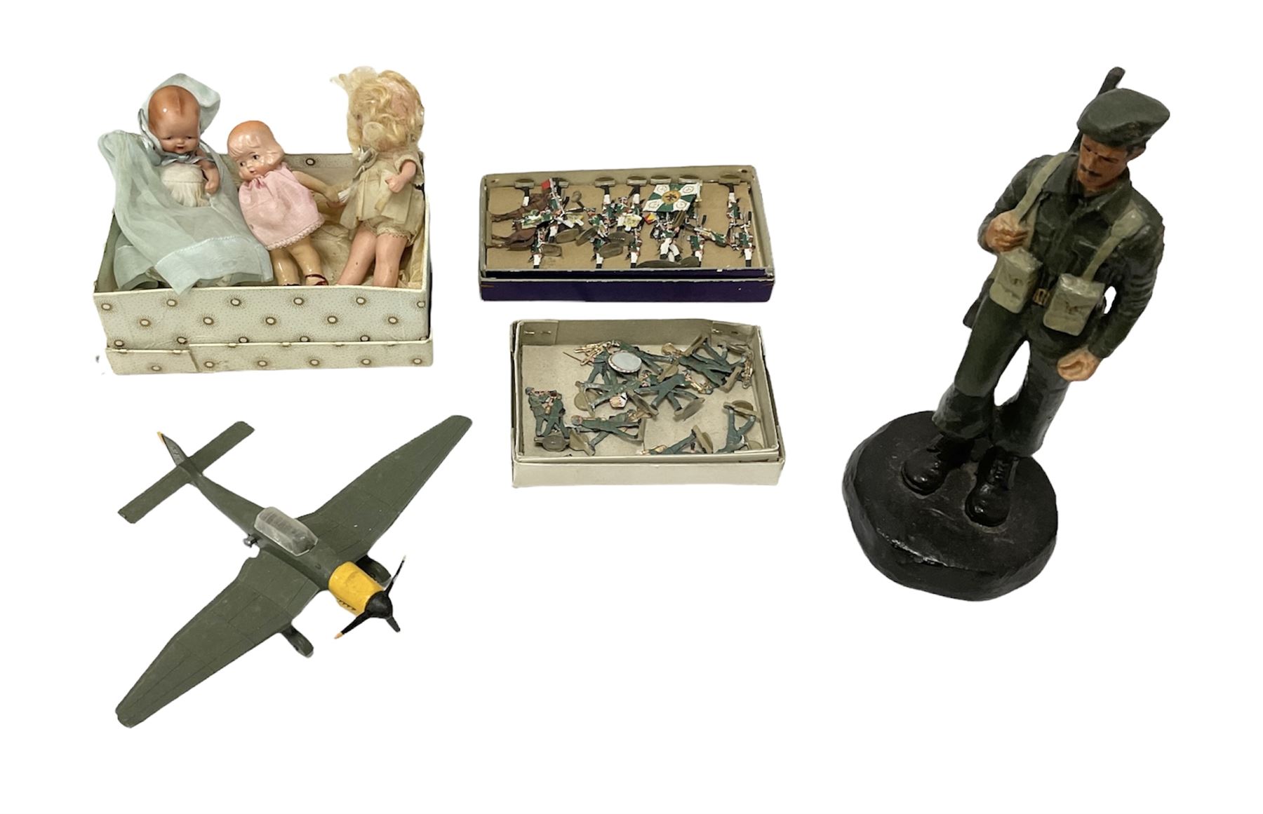 Dinky 721 Junkers JU 87B Stuka die cast model airplane, together with quantity of metal soldier figures and three miniature dolls etc