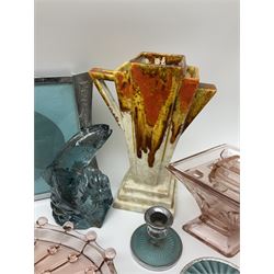 Swedish Svenskt Glass limited edition blue glass salmon, modelled by Paul Hoff, together with two vintage moulded coloured glass dressing table sets with jars and trays, spinning shot glass holder with abstract design glasses and an Art Deco vase, etc 