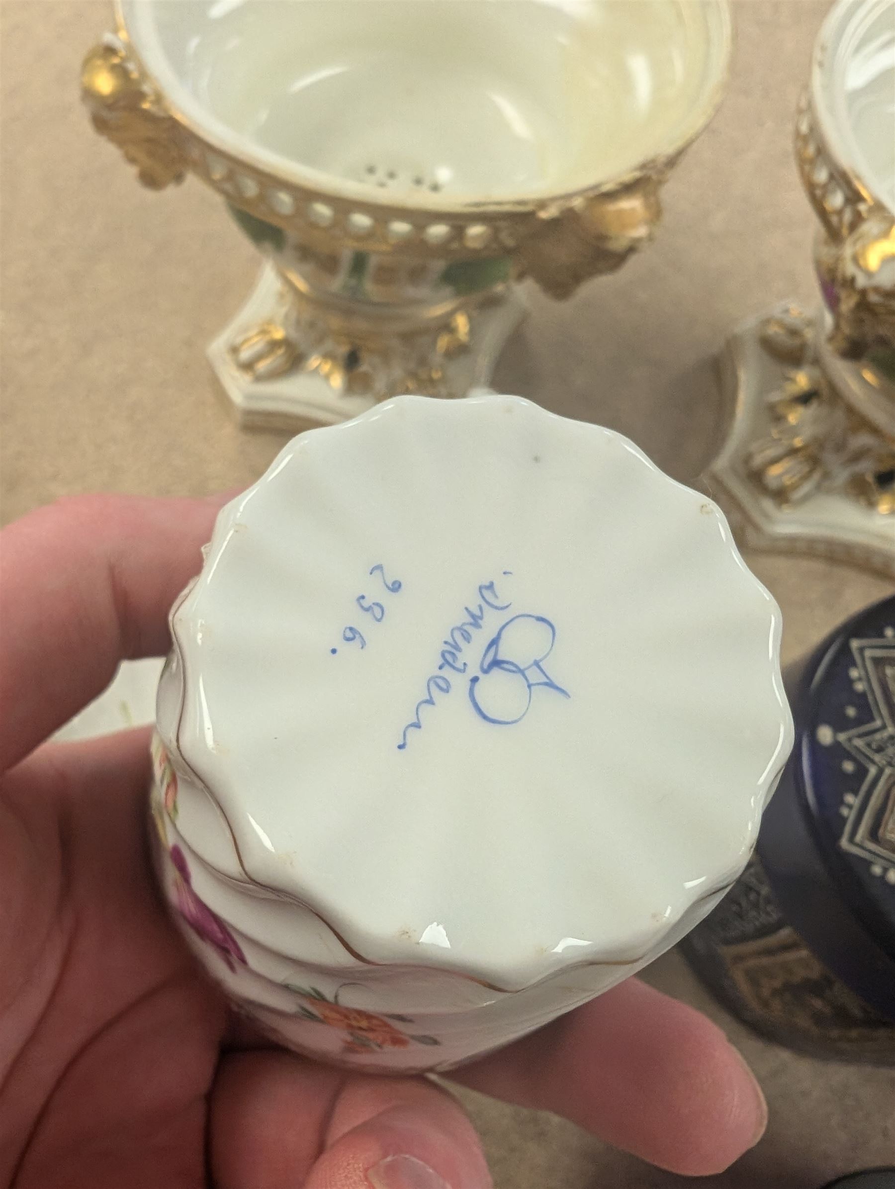 Two Royal Crown Derby pot pourri, Dresden teacup and saucer, three blue glass dressing table items, etc 