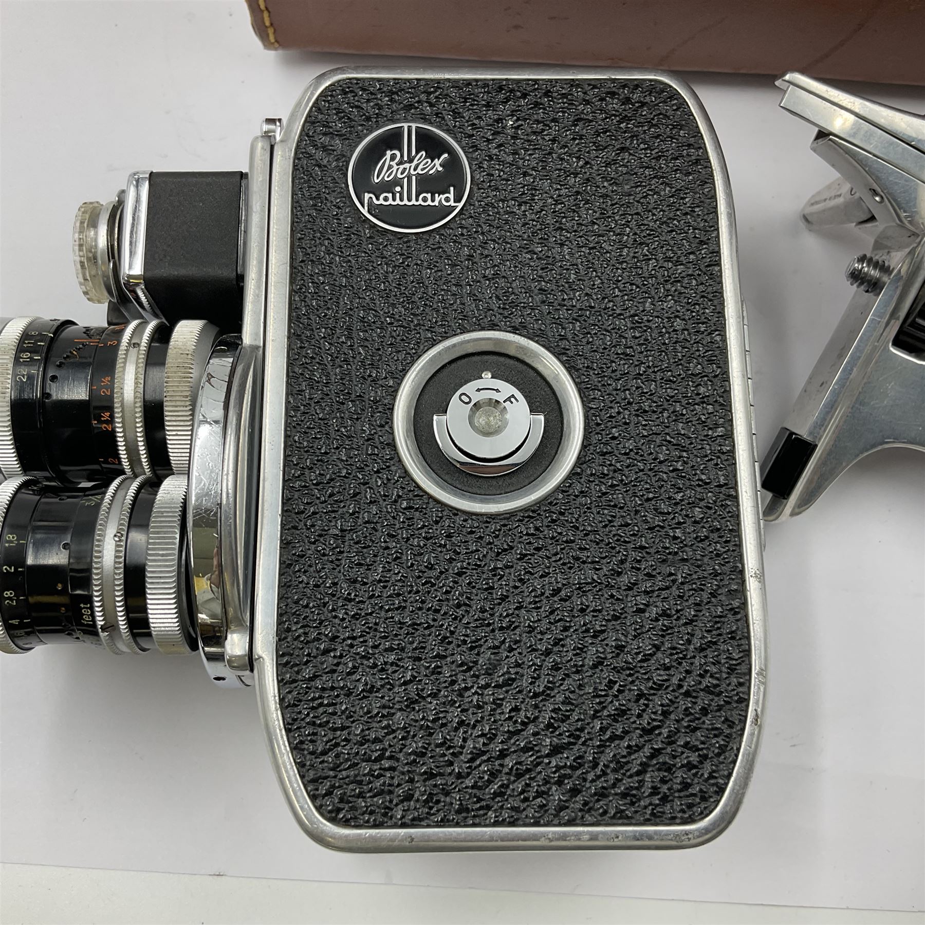 Paillard Bolex D8L STD 8mm cine camera body, serial no. 831223, with 'Paillard Switar 1:1.8 f=36mm AR' lens, serial no. 769123, Paillard Yvar 1:1.8 f=13mm AR' lens, serial no. 782154 and Paillard Pizard 1:1.9 f=5.5mm AR' lens, serial no. 717045, in leather carry case