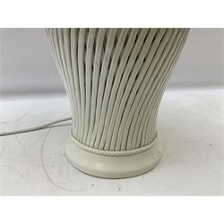 Cream table lamp of baluster form with lattice work body, with a pleated fabric lampshade, lamp without shade H50cm