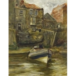 Robert Jobling (Staithes Group 1841-1923): Coble at Staithes, watercolour signed with initials 30cm x 23.5cm 
Provenance: with Phillips & Sons Cookham July 1997, label verso