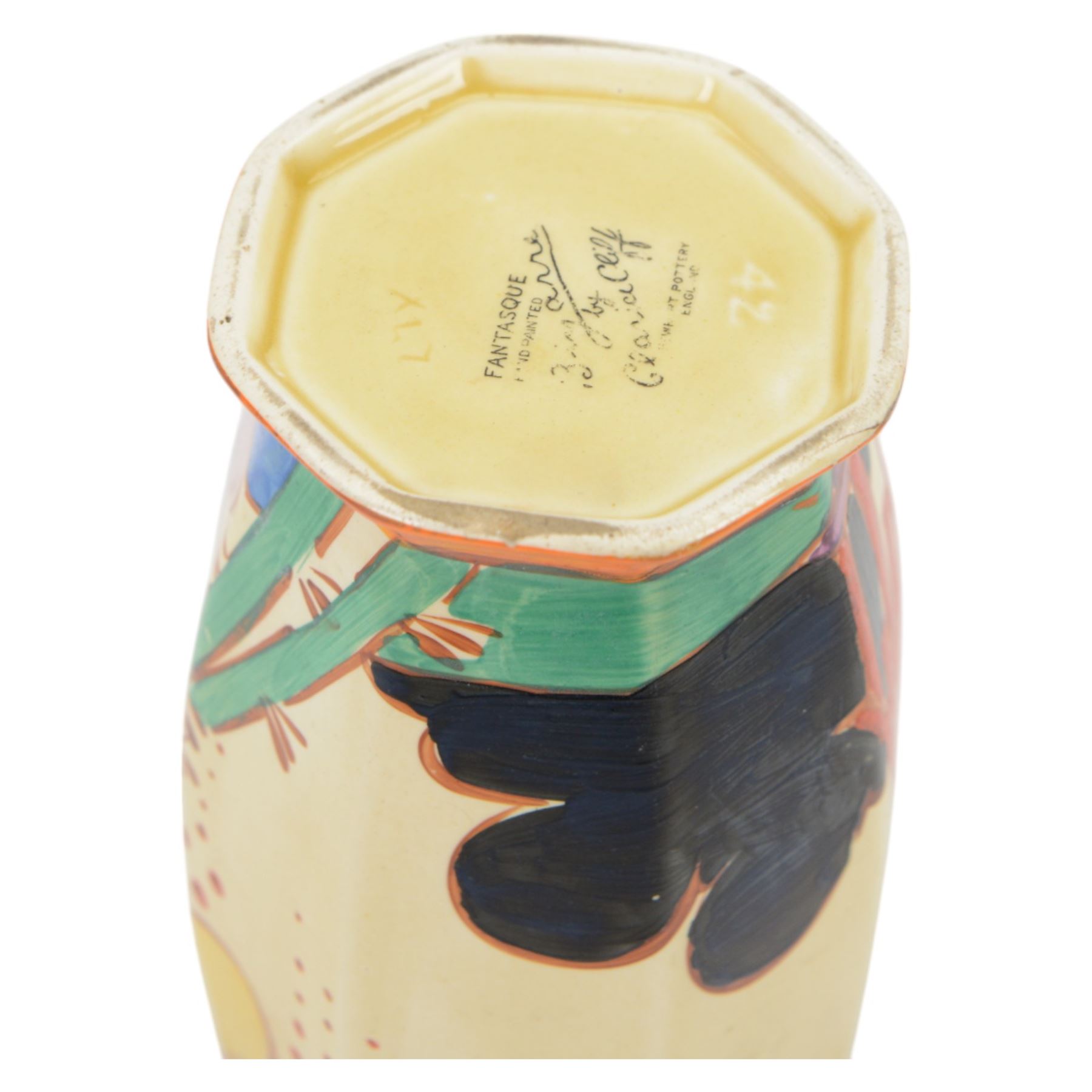 Clarice Cliff Summerhouse pattern, Athens shape jug, circa 1930, with printed Fantasque mark beneath, H16cm