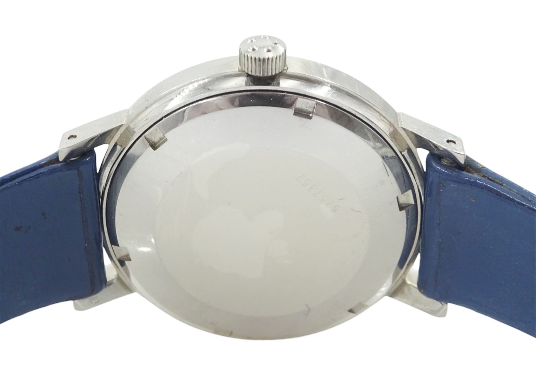 Eterna Matic 1000 gentleman's stainless steel automatic wristwatch, blue dial with baton hour markers and date aperture, on original blue leather strap, with original buckle, boxed