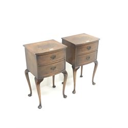 Pair 20th century cross banded walnut lamp chests, two drawers, cabriole legs