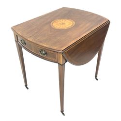 Sheraton period mahogany Pembroke table, moulded oval drop leaf top with mahogany crossbanding and central inlaid satinwood fan motif, fitted with single deep drawer, square tapering supports with ebony and boxwood stringing terminating at brass cups and castors