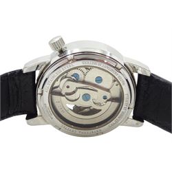 Stuhrling automatic gentleman's stainless steel wristwatch, with skeleton back, on black leather strap
