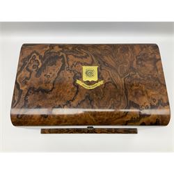 19th century walnut decanter box by Charles Henry of Manchester, painted to enhance the grain, of rectangular form with twin recessed brass carry handles to sides, twin deep section doors to front, and curved hinged cover with inset brass cartouche above a banner inscribed 'Durham House', opening to reveal an inset brass plaque inscribed 'Charles Henry Manchester', and Royal blue velvet lined and compartmented interior containing circular gilt tray, two square section decanters flanking a central glass claret jug, and a number of drinking glasses held in gilt supports, H29cm W38cm D24.5cm