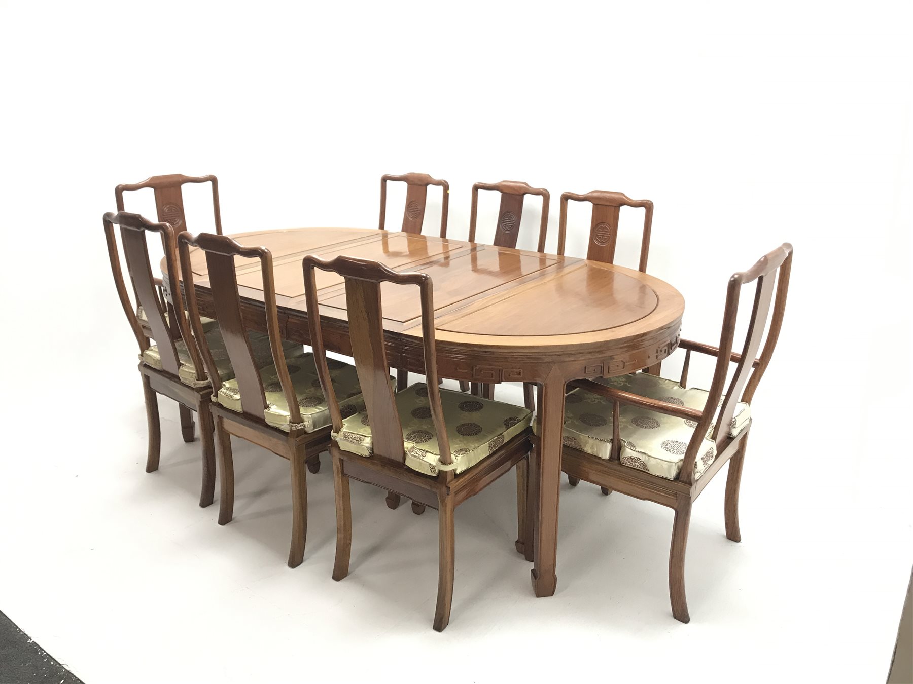 Chinese rosewood extending dining table with two leaves, square tapering supports on spade feet (W203cm, H78cm, D112cm) and set eight (6+2) chairs (W56cm)