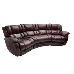 La-Z-boy - large three seat curved sofa, fitted with with end recliners, upholstered in maroon leather