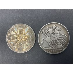 Queen Victoria 1889 silver crown coin, two double florins dated 1887, 1890 and a George III crown with illegible date (4)