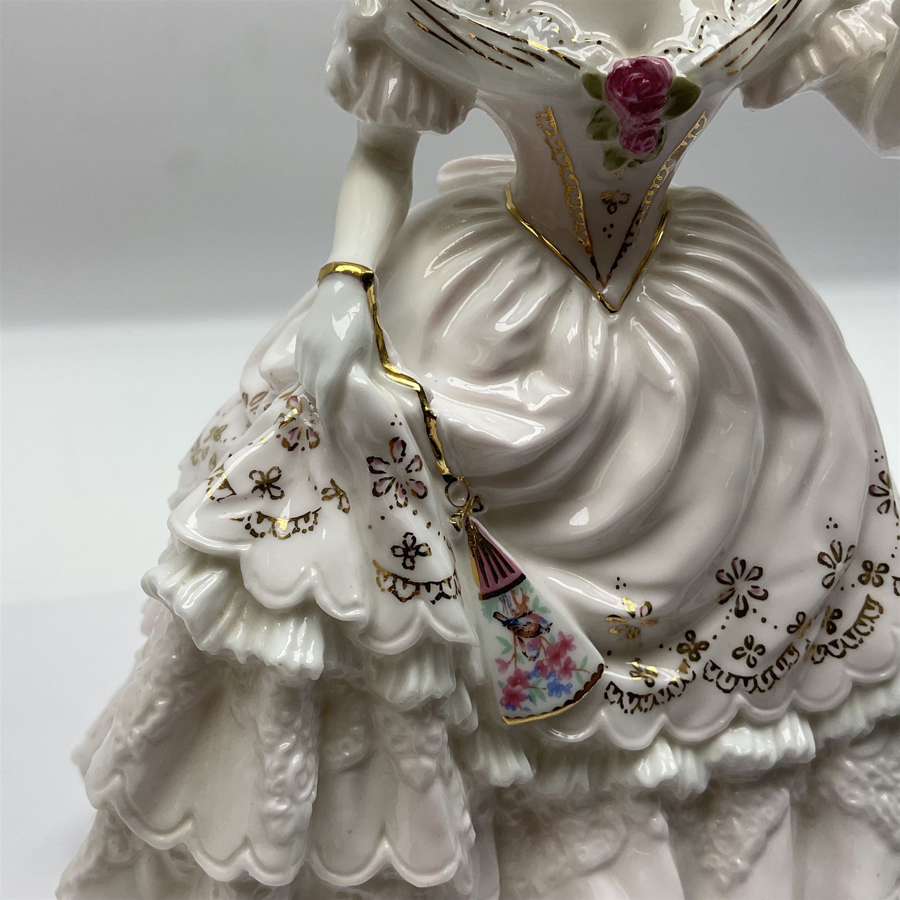 Three Royal Worcester figurines,  The First Quadrille, The Fairest Rose and Queen of Hearts, largest H21cm