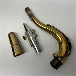 Mid-20th century French Henri Selmer Mark VI tenor saxophone, serial no.M.70644 for 1957, various French, English and American patent numbers, crudely stamped J.A.Brown twice to thumb rest; in fitted hard case with crook and other accessories including two Berg Larsen mouthpieces, reed cutter etc